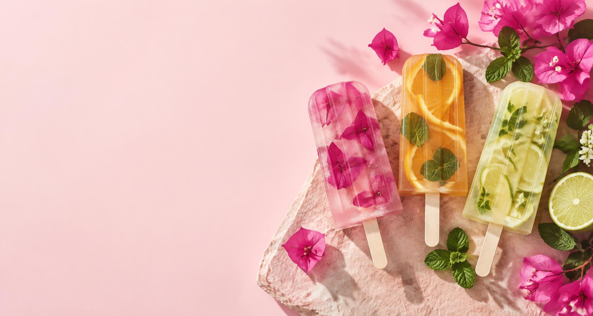 Paletas de flores y frutas con bugambilia, naranja, menta y limón